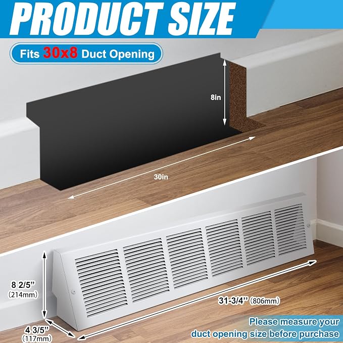 Honeydak 1 Pack Baseboard Register Vent Covers 30" x 8" Duct Opening - Image 2