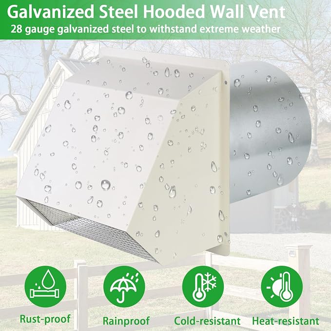 6 Inch Hooded Wall Vent with Screen and Damper, Dryer Vent Cover Outside - Image 5