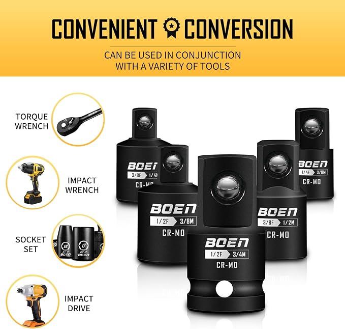 BOEN 5 Piece Impact Socket Adapter Set and Reducer Set, Standard SAE, 1/2" - Image 7