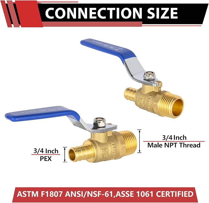 2PC EFIELD 3/4"Crimp Pex X 3/4" Male NPT Brass Shut-off Ball Valve | - Image 2