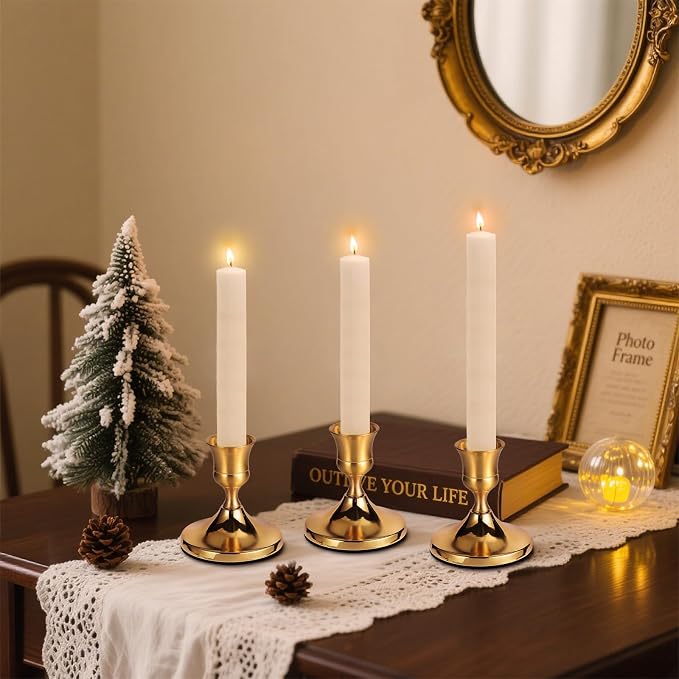 3 Pcs Brass Gold Taper Candle Holders, Vintage Metal Candlestick Holders Set - Image 8