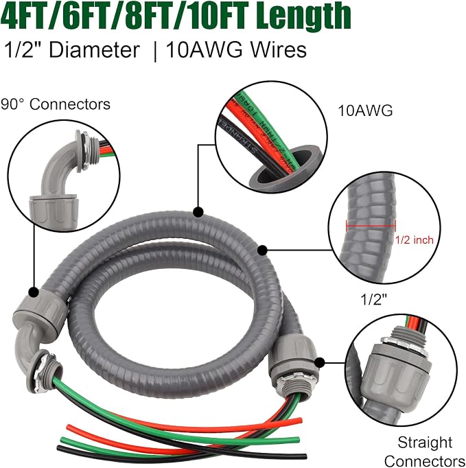 4FT Liquid-Tight Conduit Kit, 1/2" Pre-Wired Electrical Whip - Image 4