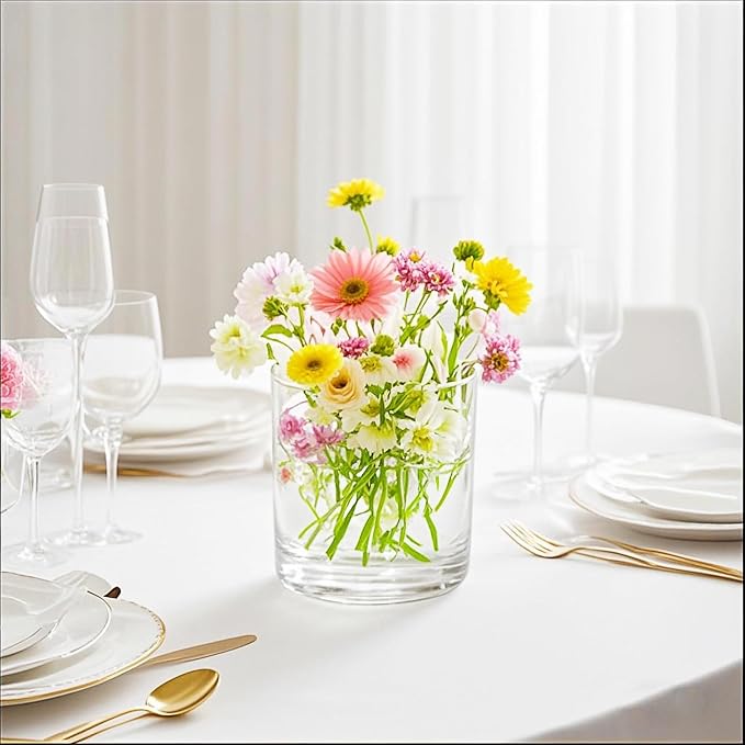 6" Wide 6" Tall Large Hand Blown Sturdy Clear Cylinder Glass Vase, Centerpiece - Image 3