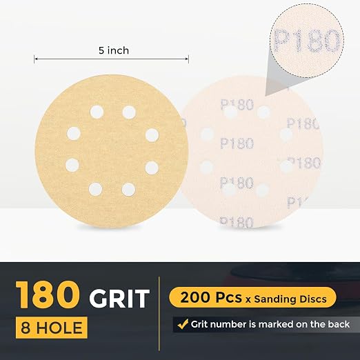 HARFINGTON 200Pcs 5Inch Sanding Discs 180Grit Yellow Aluminum Oxide 8 Hole | - Image 2