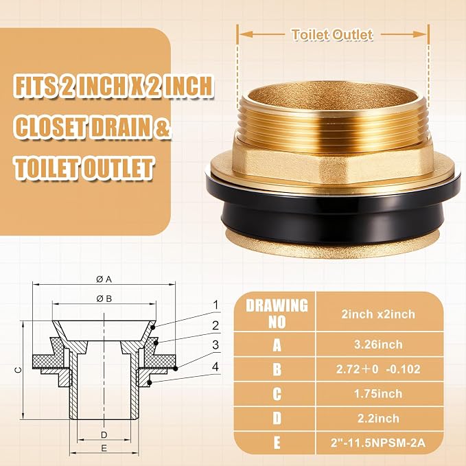 Zonon 3 Pcs 2 Inch 100% Brass Closet Spud Urinal Spud Flush Valve Parts - Image 3