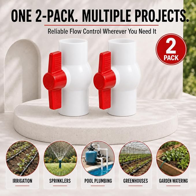 1/2 Inch PVC Ball Valve, 2 Pack | 150 PSI Socket x Socket Water Shut Off Valves - Image 7
