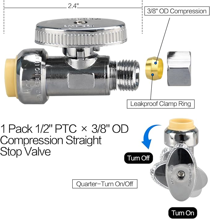 2pcs Brass Straight Stop Valves, 1/2" PTC Input, 3/8" OD Compression Output | - Image 2