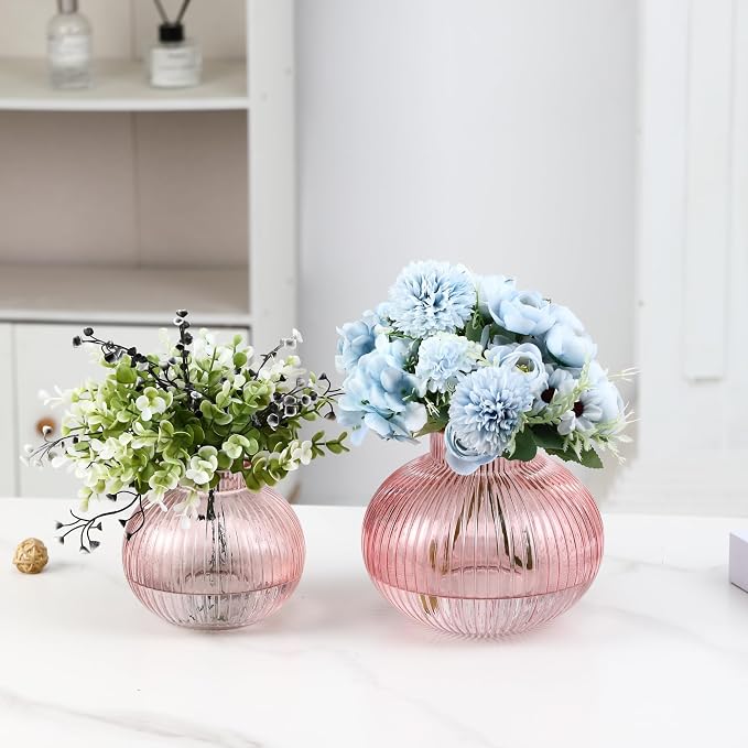 Pink Glass Vases for Tulips, Flower Vases for Bouquet, Ribbed Glass Vase for - Image 3