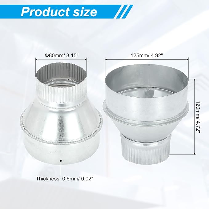 PATIKIL 5 Inch to 3 Inch Duct Reducer, Galvanized Steel Round Air Duct Reducer - Image 2