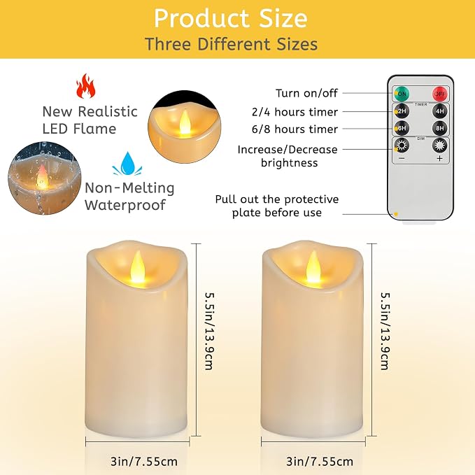 Flameless Candles 3"D X 6"H Set of 12 Outdoor Indoor Ivory Pillars Battery - Image 3