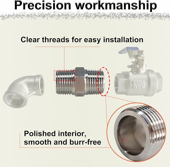 3/8" NPT Male Hex Nipple Pipe Fittings, 304 Stainless Steel 3/8 inch Threaded - Image 5