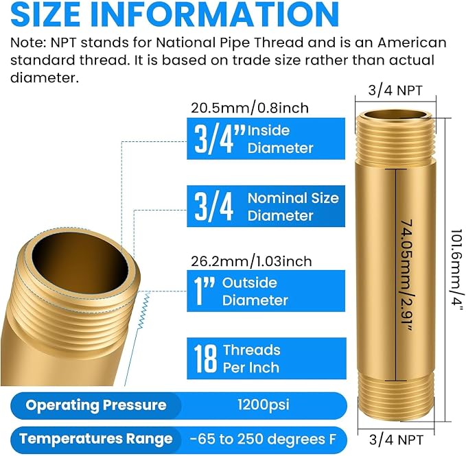 SDTC Tech Brass Pipe Fitting Long Nipple 3/4 NPT Male x 3/4 NPT Male Thread | - Image 2