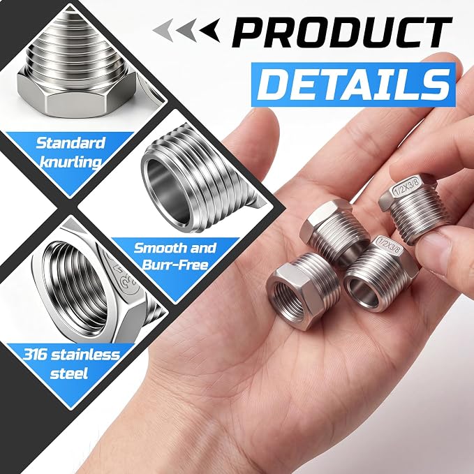 1/2" Mnpt to 3/8" Fnpt Male to Female 4 Pcs Hex Bushing Nipple Reducer - Image 3