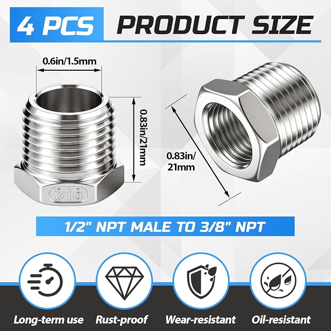 1/2" Mnpt to 3/8" Fnpt Male to Female 4 Pcs Hex Bushing Nipple Reducer - Image 2