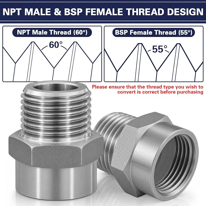 1/2" G Female to 1/2" NPT Male Adapter, Stainless Steel Pipe Fitting, BSP to - Image 6