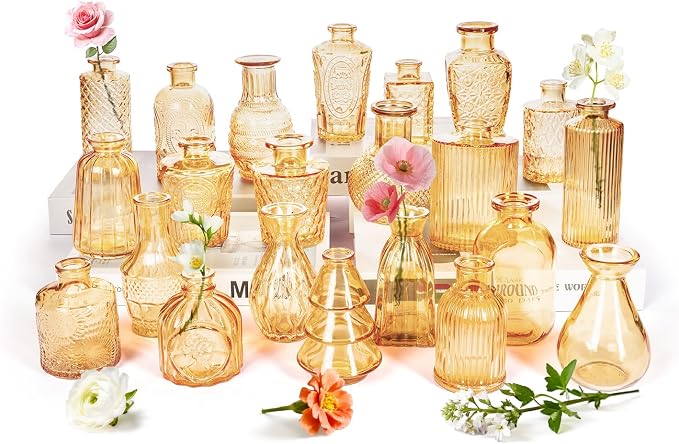 Clear Topaz Glass Bud Vase Set of 22 Pcs, Small Gold Bud Vases in Bulk by JXINDUJU