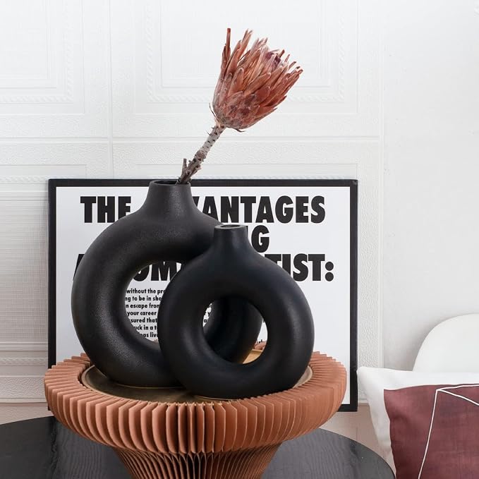 Black Ceramic Donut Vase Set of 2, Big Hollow Round Matte Pampas Flower Vases - Image 5