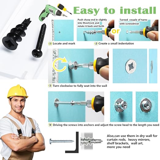 50Pc #8 Black Self Drilling Metal Drywall Anchors Heavy Duty and Screws kit | - Image 4
