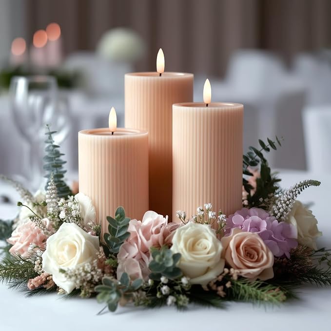 Fluted Ribbed LED Pillar Candles, Blush Beige, - Image 8