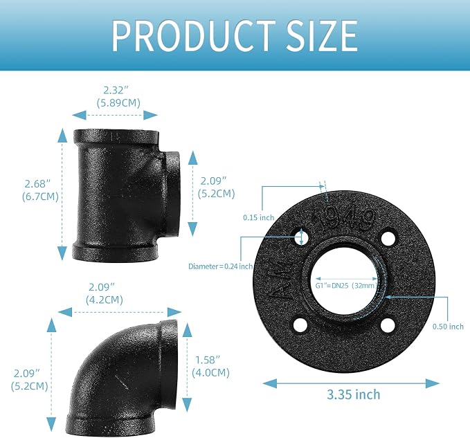 1" Black Pipe Fitting, 30 Pack 1" Black Floor Flange/Elbow/Tee Combo - Image 2