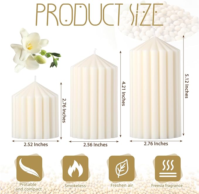 Conelist Set of 3 White Ribbed Pillar Candles Soy Wax Scented Ribbed Candle | - Image 2