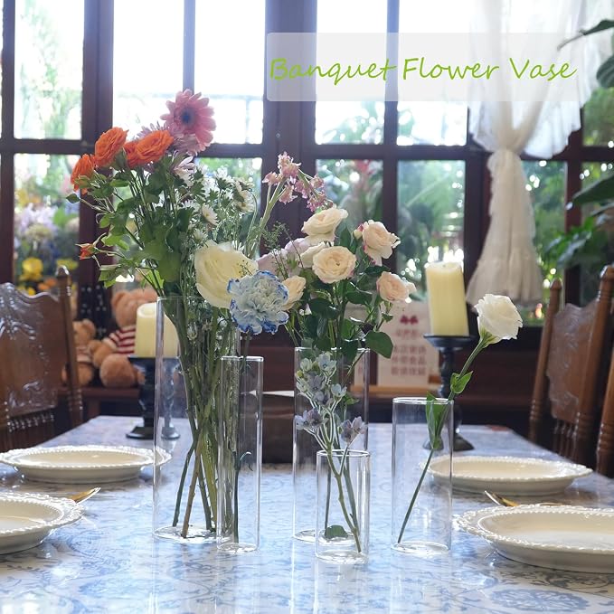 Clear Glass Vase for Centerpieces, 10 inch Tall Set of 5 Cylinder Flower Vase - Image 6
