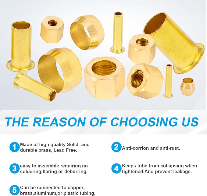 150PCS Tube OD（1/4" 5/16" 3/8" 1/2") Brass Compression Sleeves Ferrules & Insert - Image 4