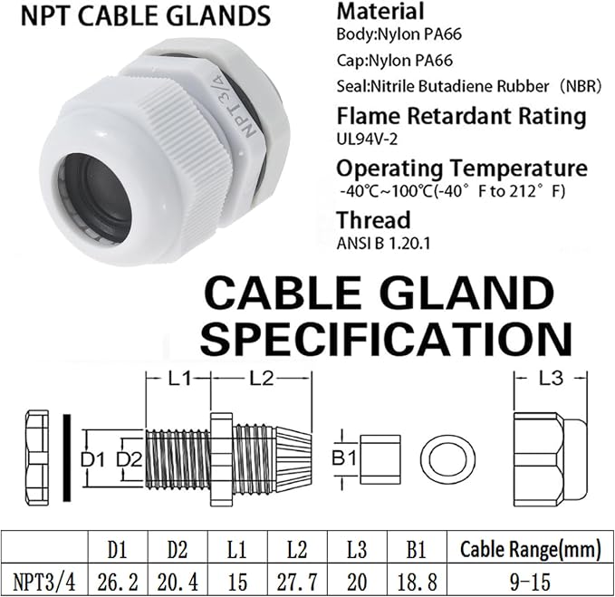PENGLIN 10PCS Waterproof 3/4" NPT Grey Nylon Cable Gland Strain Relief | IP68 - Image 5