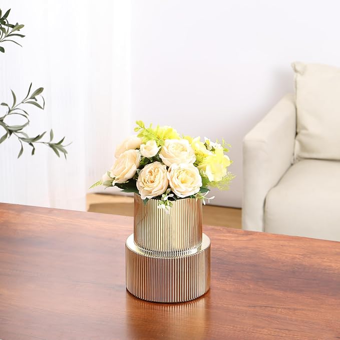 Ribbed Glass Vase, Flower Vase, Fluted Gold Vases - Image 7