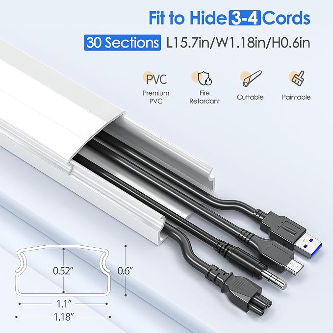 Yecaye TV Cord Hider Wall Mounted, 472in Cord Cover, W1.18in H0.6in, Wire Hiders - Image 2