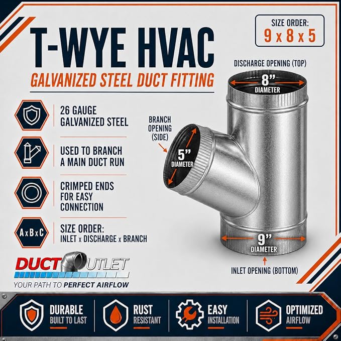 9" x 8" x 5" T-Wye HVAC Duct Fitting, 26 Gauge Galvanized Steel Round Duct - Image 2