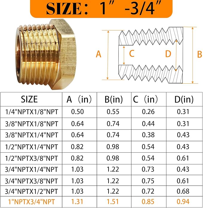 2 Pcs Brass Bushing 1" Male to 3/4" Female - Image 5