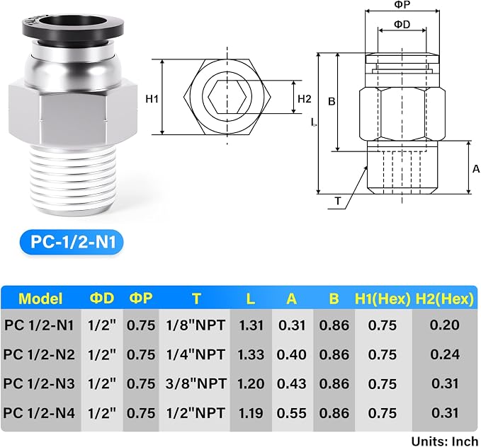 TAILONZ PNEUMATIC Male Straight 1/2 Inch Tube OD x 1/8 Inch NPT Thread Push to - Image 2