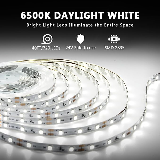dalattin White LED Strip Lights, 40ft Dimmable LED Light Strip 6500K Bright - Image 2