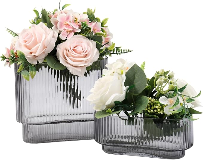 Short Glass Vases, Ribbed Vase for Flowers, Modern Small Vase for Living Room by YANWE