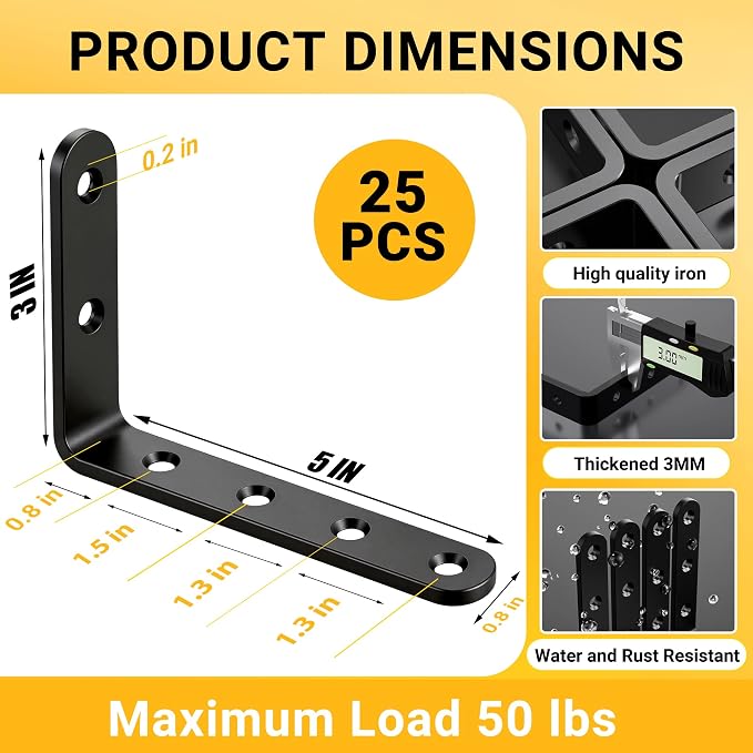 25Pcs Black Angle Brackets 3”x 5” Heavy Duty Corner Bracket 3MM - Image 2