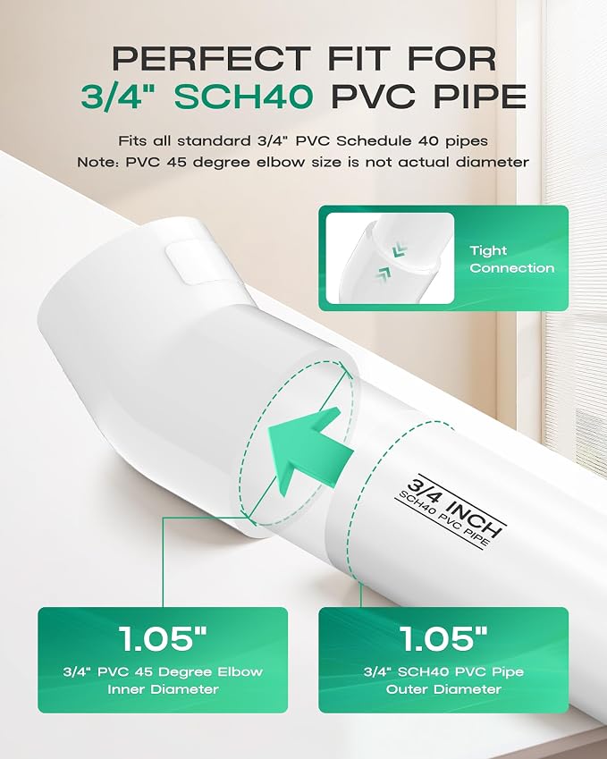 10-Pack 3/4 Inch 45 Degree PVC Elbow Pipe Fittings, Furniture Grade SCH40 PVC - Image 3
