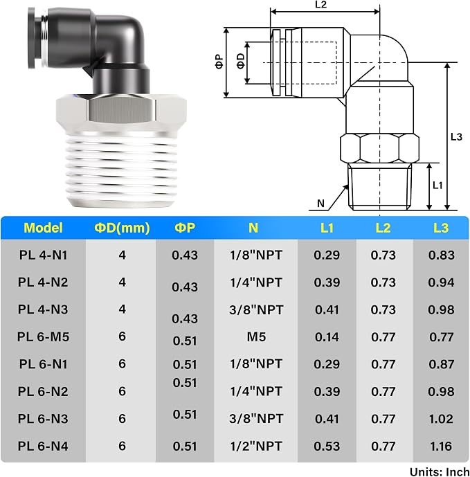 TAILONZ PNEUMATIC Male Elbow 6mm Tube OD x 1/2 Inch NPT Thread 90 Push to - Image 2