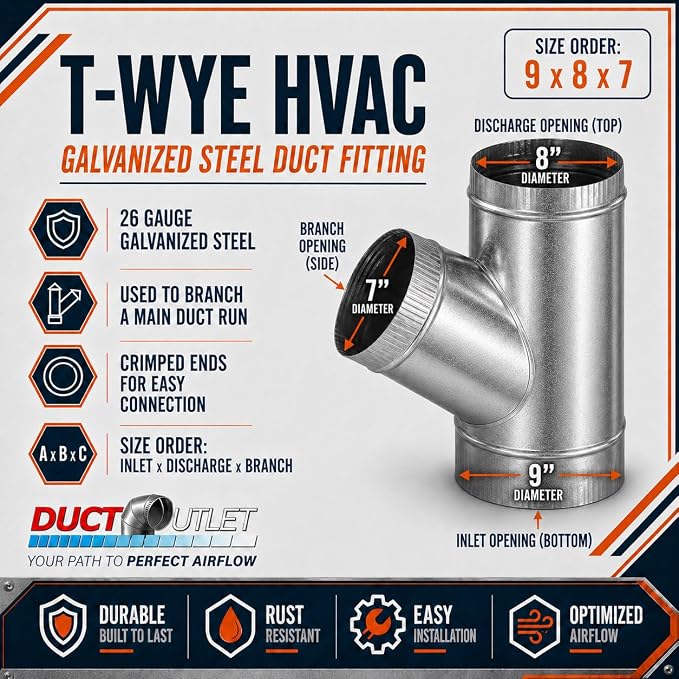 9" x 8" x 7" T-Wye HVAC Duct Fitting, 26 Gauge Galvanized Steel Round Duct - Image 2