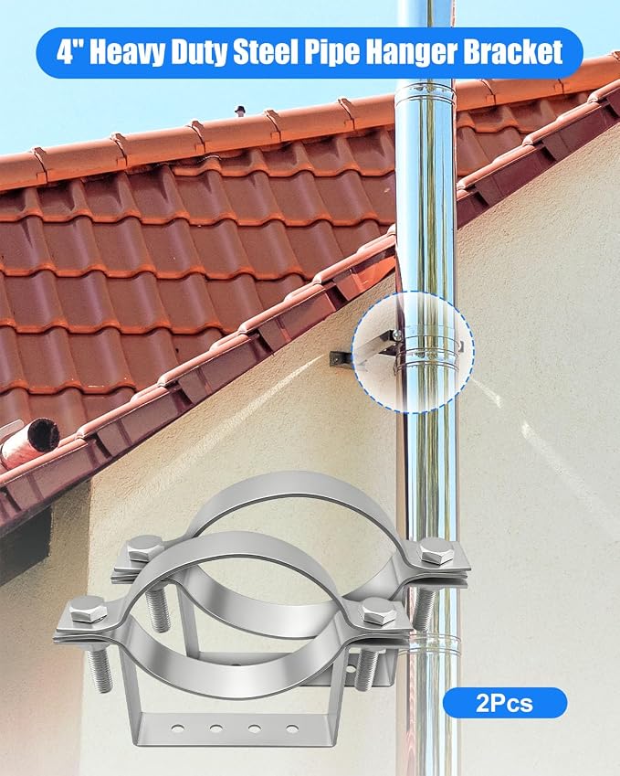 4 Inch Pipe Hanger Chimney Support Bracket | 2 Pcs Heavy Duty Steel Rigid Split - Image 2