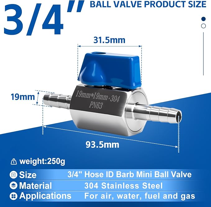 2Pack 3/4" Hose ID Barb Mini Ball Valve, Stainless Steel Small Shut Off Valve - Image 2