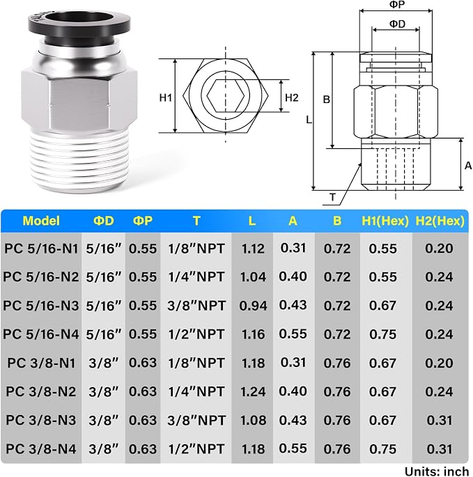 TAILONZ PNEUMATIC Male Straight 3/8 Inch Tube OD x 3/8 Inch NPT Thread Push to - Image 2
