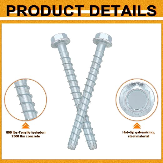 Hicarer 60 Pack 3/8 x 5 Inch Concrete Screws Galvanized Anchor Bolts | Zinc - Image 3