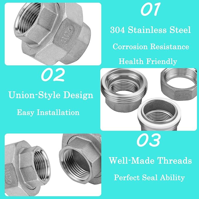 2Pcs 304 Stainless Steel Pipe Union Fitting, 3/4" NPT Female, Cast Full Port - Image 5