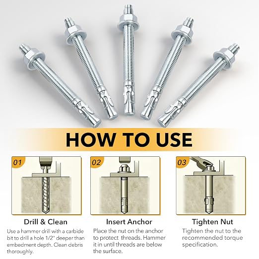 1/2" x 5-1/2" 50PCS Concrete Wedge Anchors, Heavy-Duty Cement Anchor Bolts - Image 3