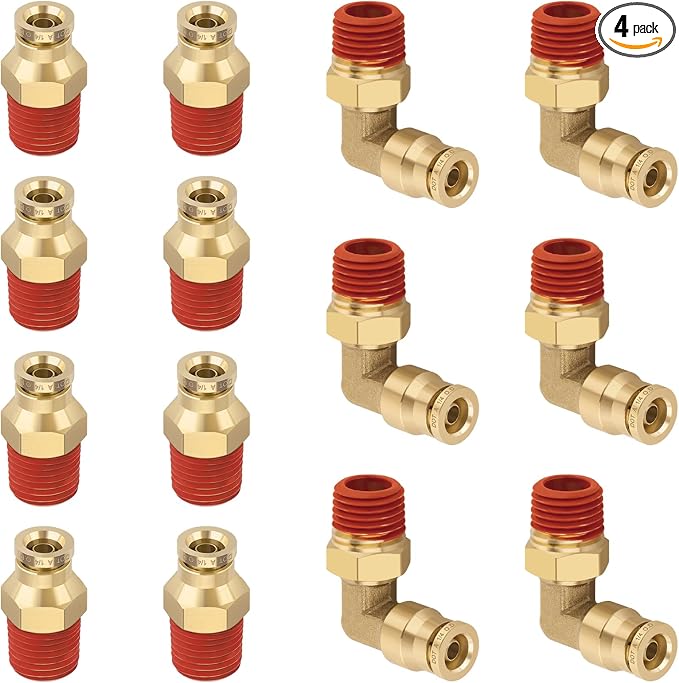 1/4" Tube x 1/4" NPT Male Straight & Elbow Brass Air Fittings Kit, 8 Straight + by BOERAY