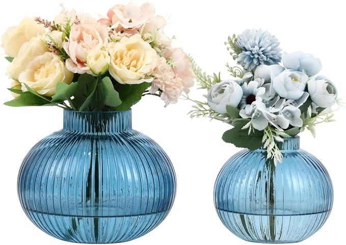 Blue Glass Vases for Tulips, Flower Vases for Bouquet, Ribbed Glass Vase for by YANWE