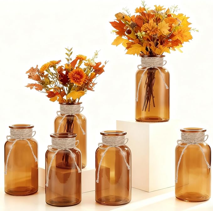 6 Pack Mason Jar Vases for Centerpieces, Amber Glass Flower Vase | Vintage by LEYIQU