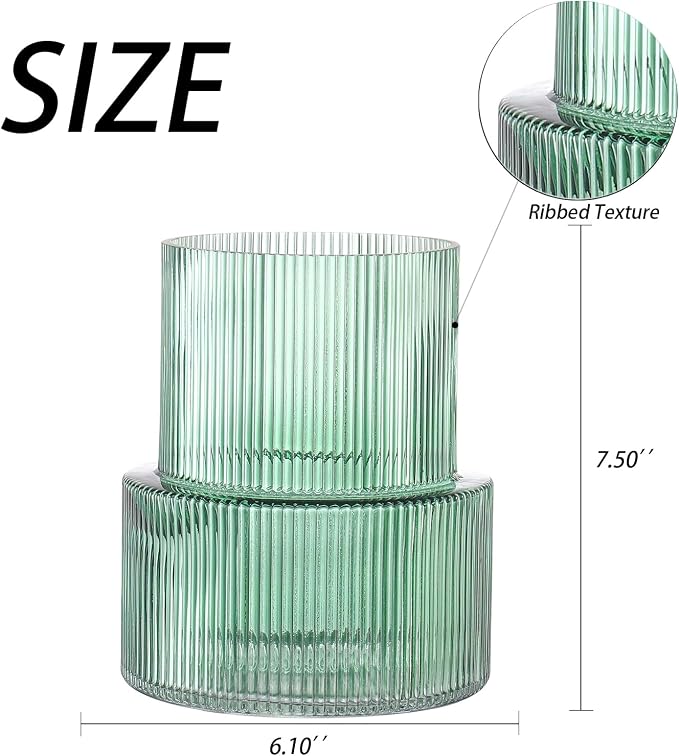 Green Glass Vase, Ribbed Glass Vase - Image 7