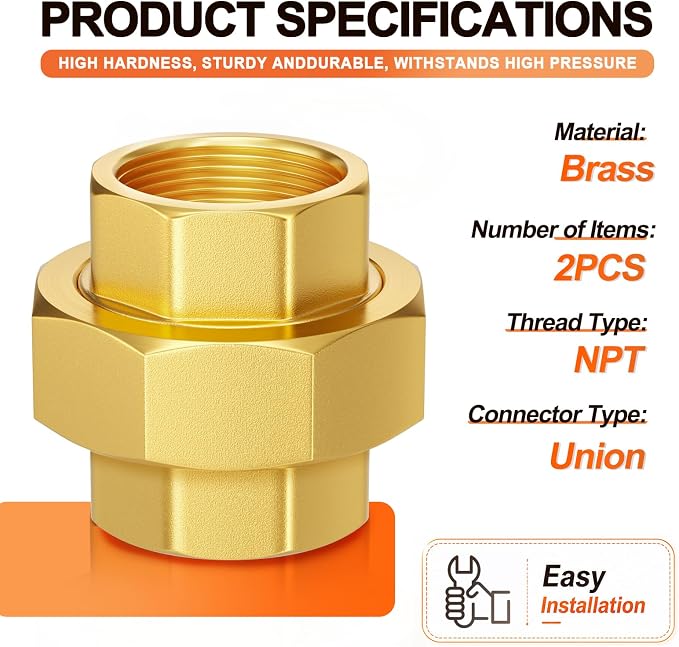 GASHER 2PCS 1"FNPT Brass Union Pipe Fitting | 1 InchNPT Female x 1 InchNPT - Image 2